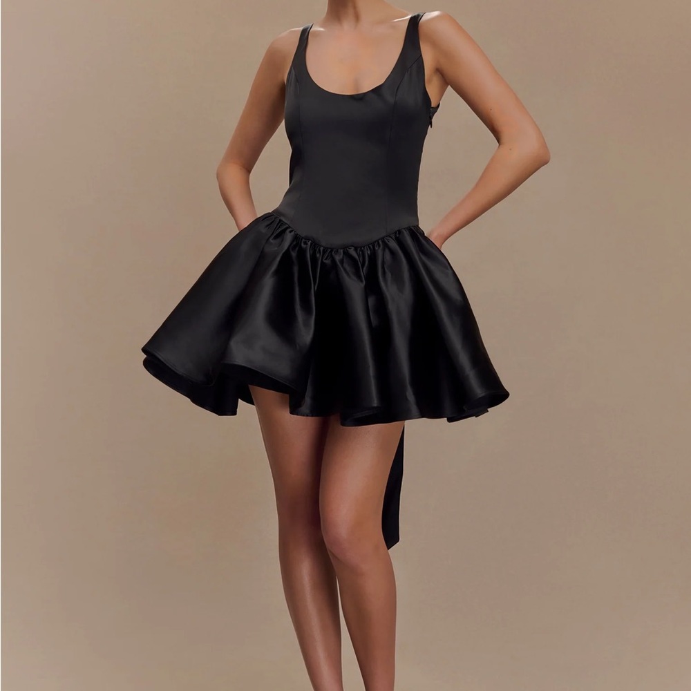 Meshki Felicia mini dress with bow Elegant Black Satin Dress